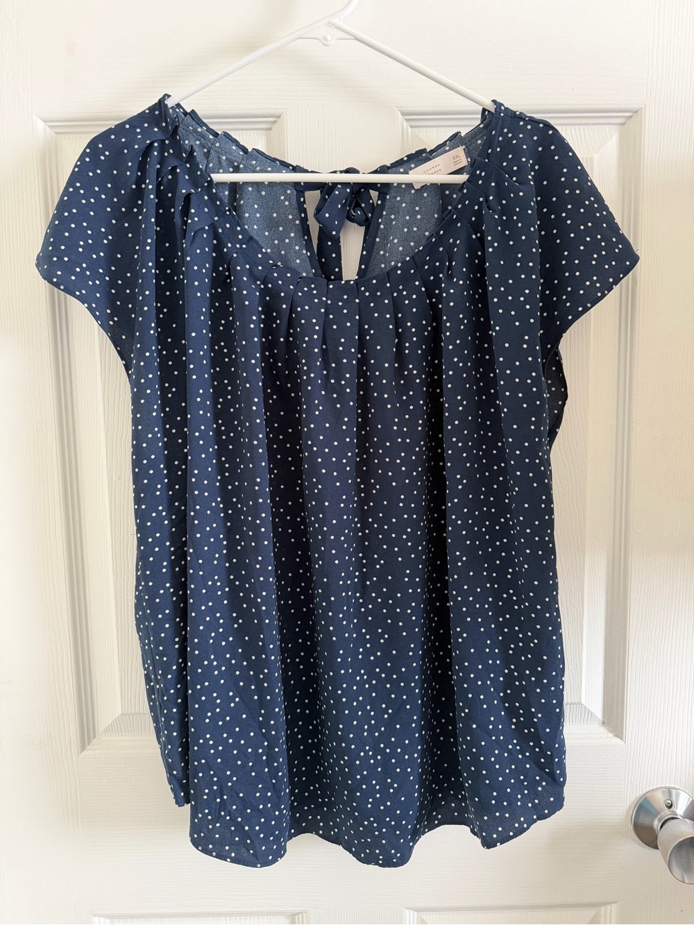 LC Lauren Conrad Navy White Polka Dot Tie-Back Cap Sleeve Blouse